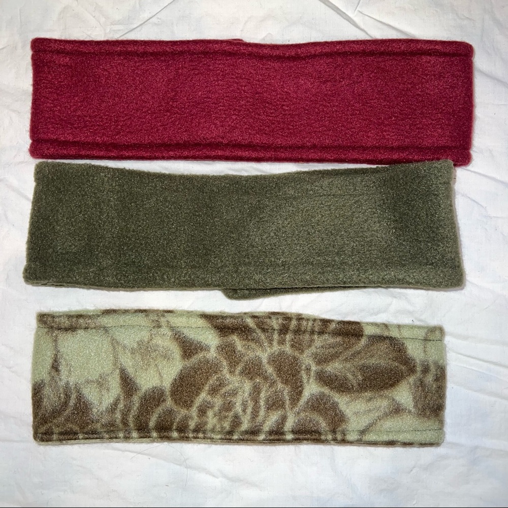 Fleece Headbands - Set of 3 - solid maroon, dark olive green, green flor…